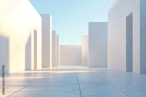 Abstract 3D rendering of minimalist style architectural space scene, mountain and lakeside building