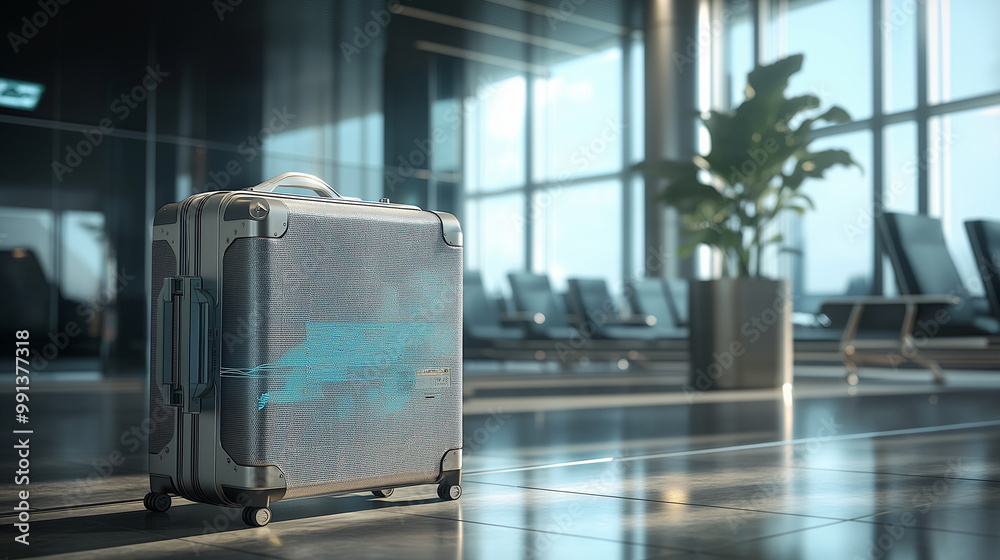 a luxury travel suitcase displayed in augmented reality, with built-in GPS tracking, charging ports, and packing compartments in an airport lounge a luxury travel suitcase displayed in augmented reality, with built-in GPS tracking, charging ports, and packing compartments in an airport lounge