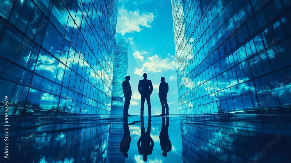 Silhouetted figures stand between skyscrapers, reflecting a modern business environment. Silhouetted figures stand between skyscrapers, reflecting a modern business environment.