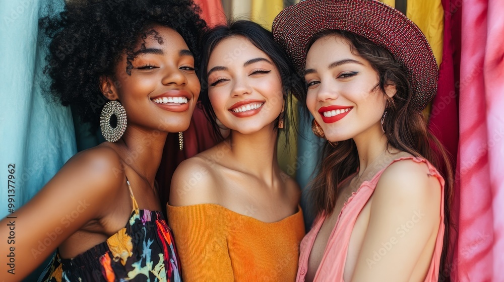 Diverse women enjoying a joyful shopping spree at a trendy fashion boutique filled with stylish clothing Diverse women enjoying a joyful shopping spree at a trendy fashion boutique filled with stylish clothing