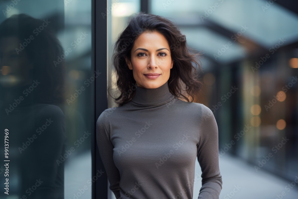 Portrait of a glad indian woman in her 40s showing off a thermal merino wool top while standing against sophisticated corporate office background Portrait of a glad indian woman in her 40s showing off a thermal merino wool top while standing against sophisticated corporate office background