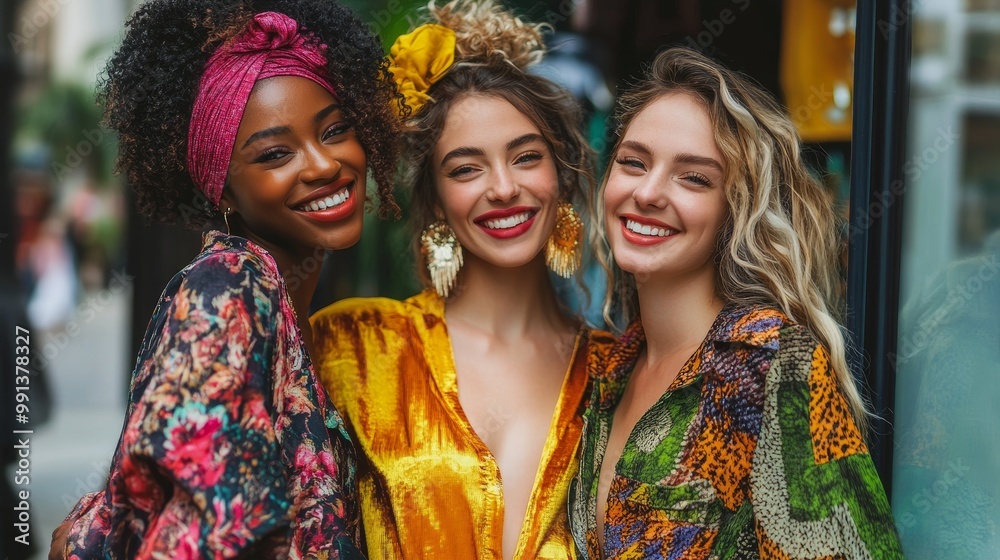 Fototapeta premium Diverse Women Enjoying a Fun Shopping Spree at a Stylish Boutique - Multi-Ethnic Friends Trying Trendy Fashion Finds for a Joyful Experience