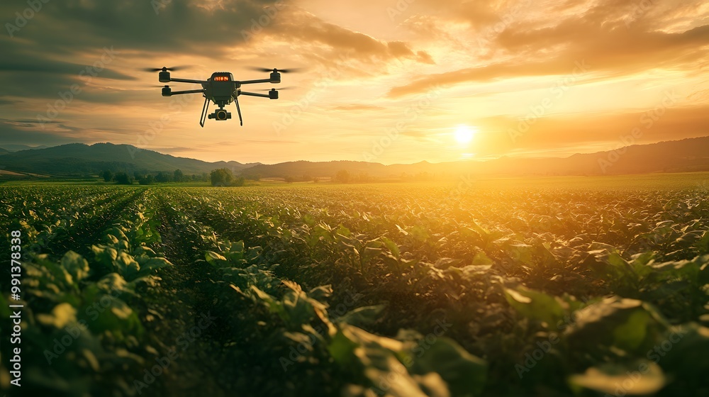 Fototapeta premium AI-powered drones surveying agricultural fields for crop monitoring in a futuristic setting