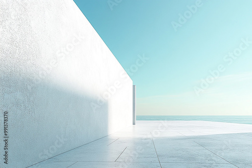 Abstract 3D rendering of minimalist style architectural space scene, mountain and lakeside building