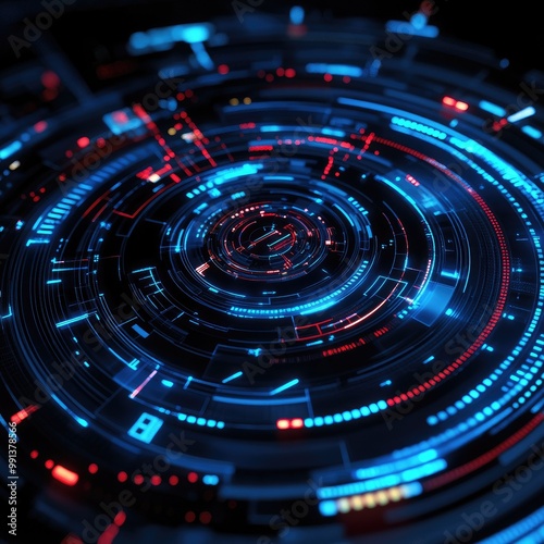 Wallpaper Mural Futuristic digital abstract circle design with vibrant blue and red lights, representing technology and innovation. Torontodigital.ca