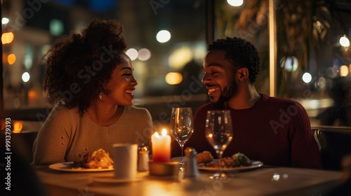 Love Illuminated: Romantic LGBTQ Couple Enjoying Candlelit Dinner in Urban Restaurant