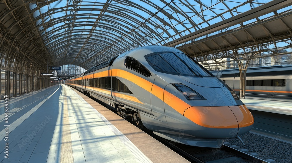 A high-speed train at a station platform with a clean, modern background providing ample space for text A high-speed train at a station platform with a clean, modern background providing ample space for text