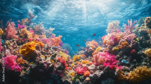 Vibrant underwater scene showcasing colorful coral reefs and marine life.