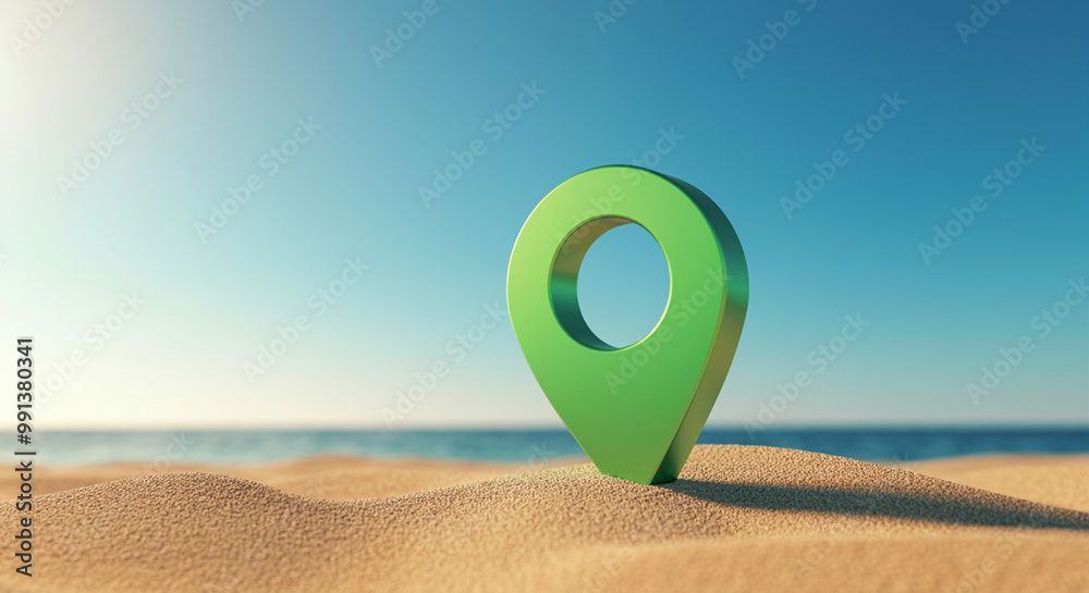 Location pin on sandy beach with ocean view and sunlight Location pin on sandy beach with ocean view and sunlight