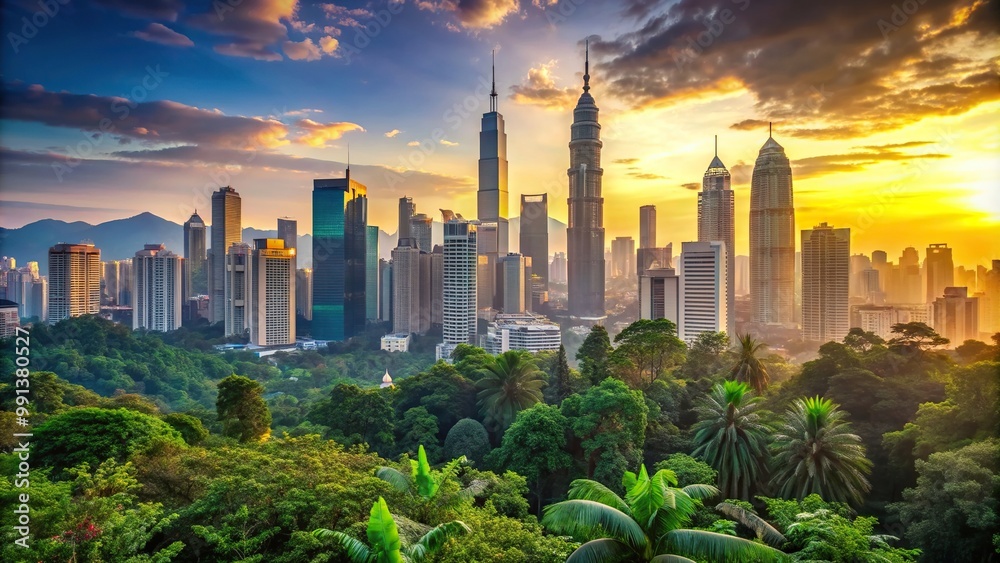 Fototapeta premium Kuala Lumpur, architecture, contrast, beauty, modern, Skyline of Kuala Lumpur at sunset with its iconic skyscrapers framed by a lush and dense macro view of the surrounding jungle