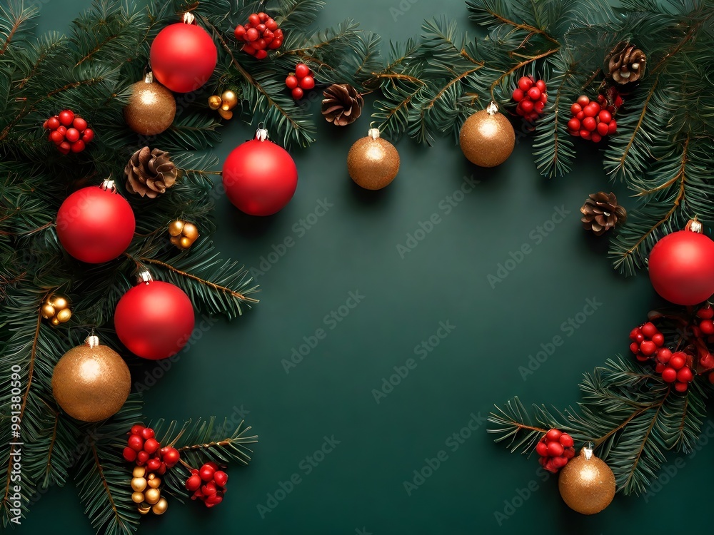 On the green background seen from above, red and gold balls placed pine branches to feel like Christmas. On the green background seen from above, red and gold balls placed pine branches to feel like Christmas.