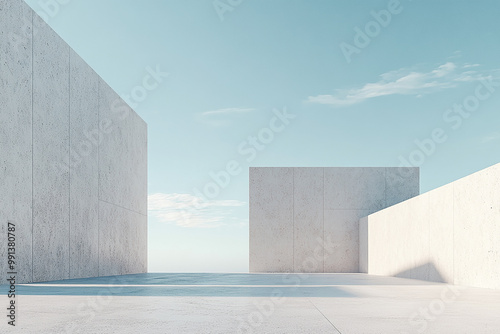 Abstract 3D rendering of minimalist style architectural space scene, mountain and lakeside building