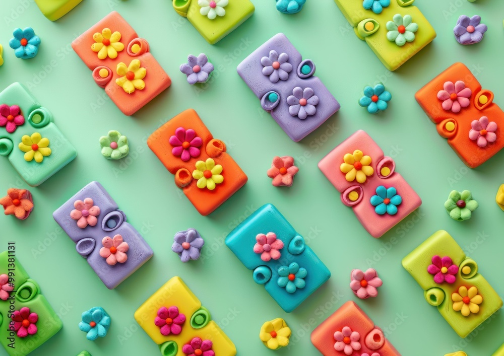 Colorful candy flowers on a textured background, a vibrant assortment of playful shapes and vivid colors Decorative sugary treats arranged artistically