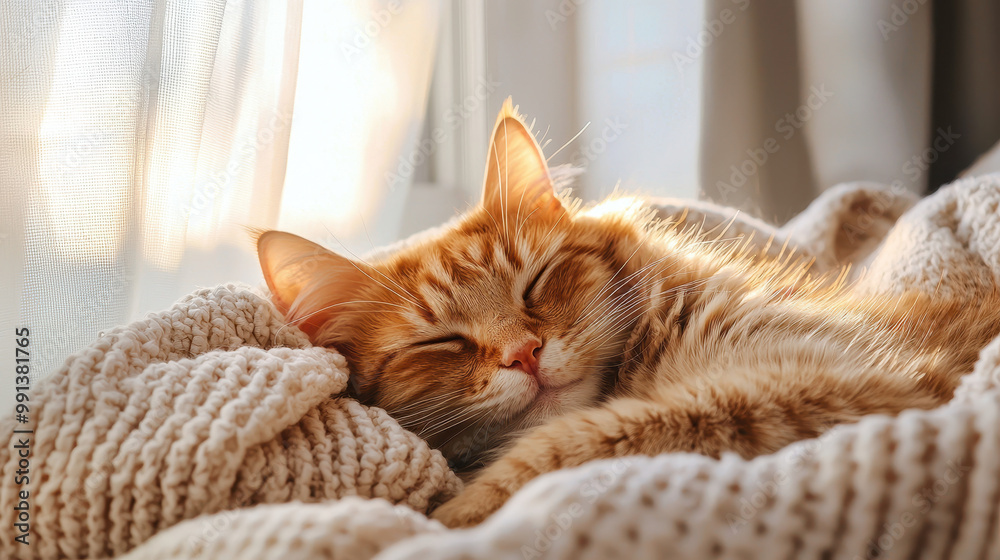 Obraz premium Cozy ginger cat peacefully sleeping on a soft knitted blanket with sunlight streaming through a sheer curtain