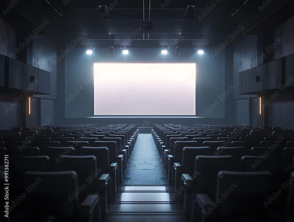 Empty Theater with Spotlight Illuminating Screen Empty Theater with Spotlight Illuminating Screen