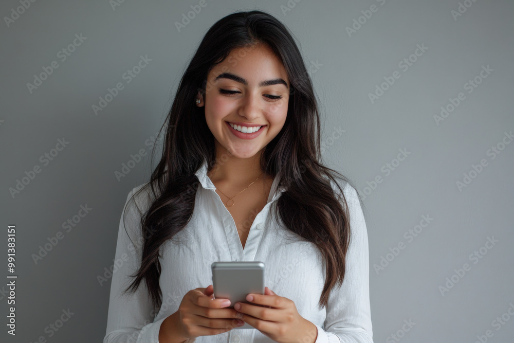 Businesswoman is happily surprised while reading a message on her smartphone Businesswoman is happily surprised while reading a message on her smartphone
