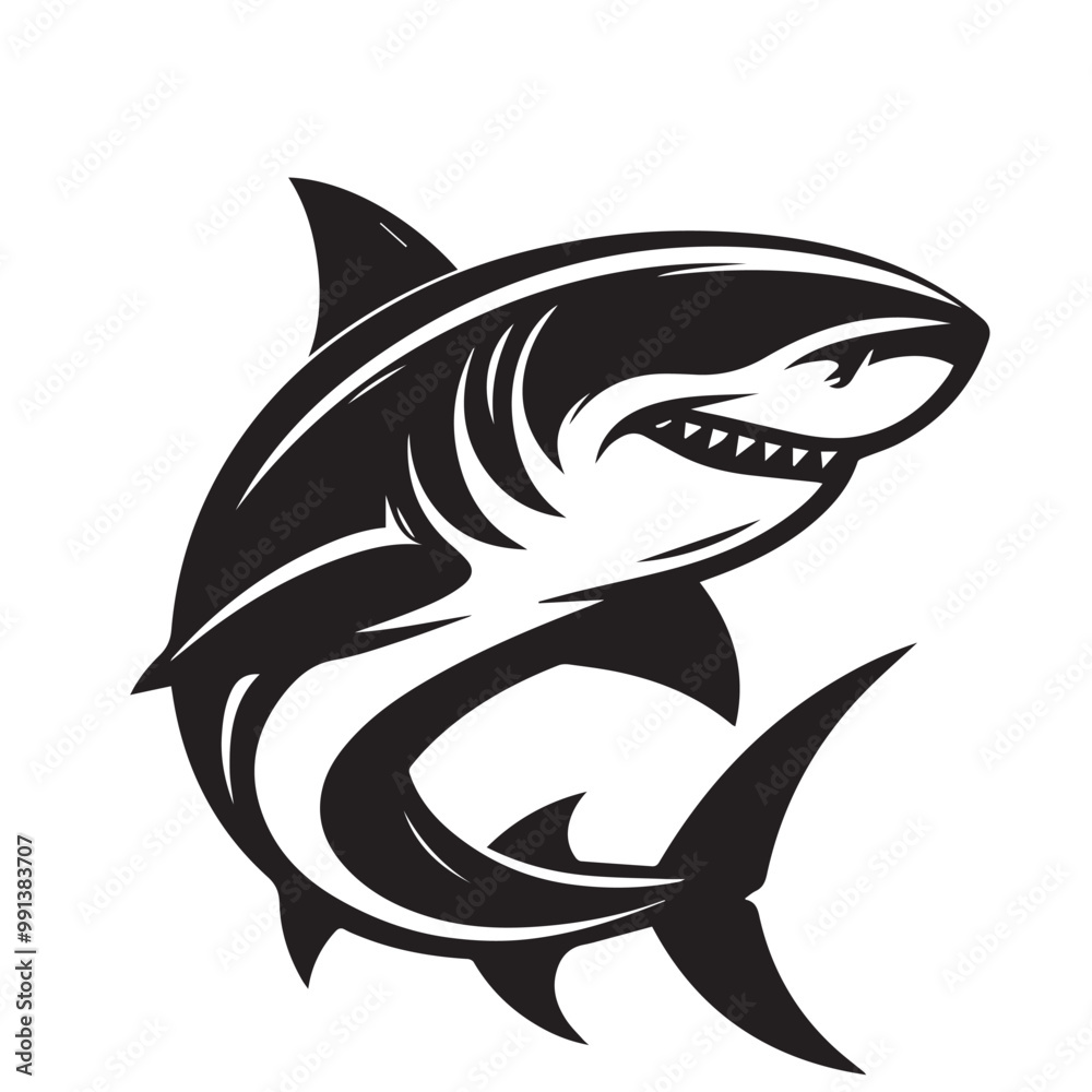 Obraz premium Shark silhouette vector design full black and white. Shark logo, icon design. shark black silhouette isolated on white background.