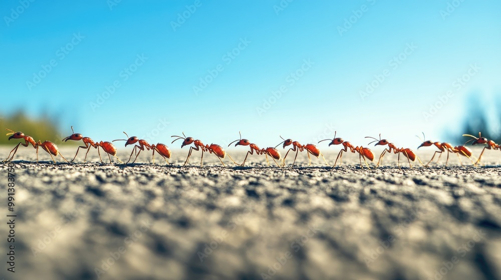 Naklejka premium A line of ants crossing a path, with a clear sky providing space for text in the upper portion.