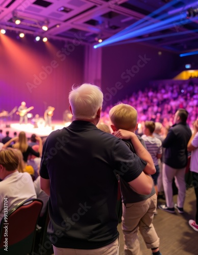 A father and son attending a music concert and dancing to the mu