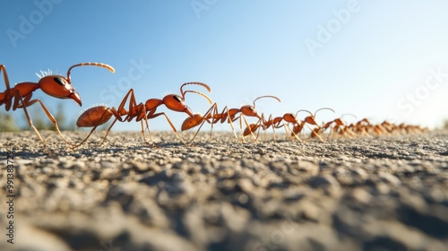 A line of ants crossing a path, with a clear sky providing space for text in the upper portion. photo