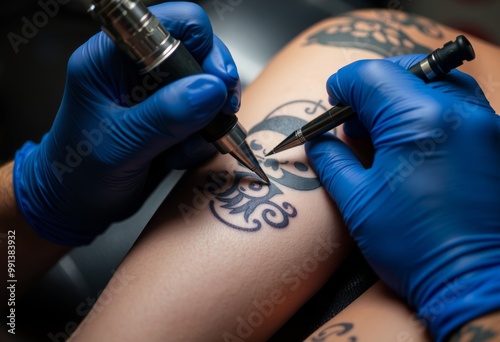 A close up of a tattoo artist's hands gloved and holding a tatto