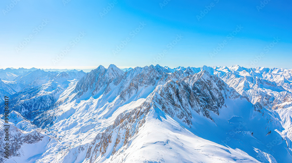 Obraz premium Snow-covered mountain range under a clear blue sky with peaks and ridges visible in bright sunlight