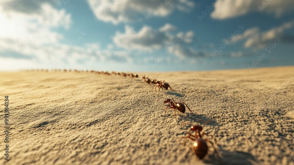 Obraz premium A line of ants marching across a sandy surface with a large area of empty sky above for text.