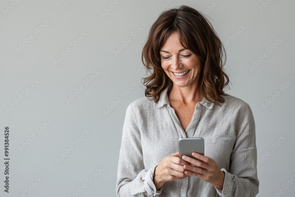 Businesswoman is smiling while reading a text message on her phone Businesswoman is smiling while reading a text message on her phone