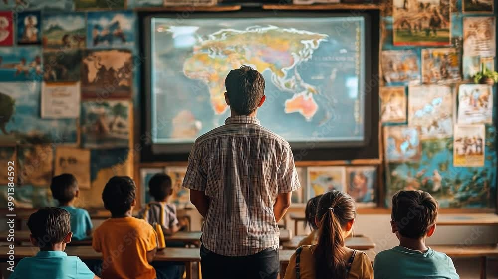 A rural teacher using augmented reality to teach history, with students ...