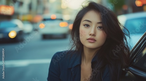 Wallpaper Mural A young woman with long hair leans against a parked car, gazing pensively into the distance Torontodigital.ca
