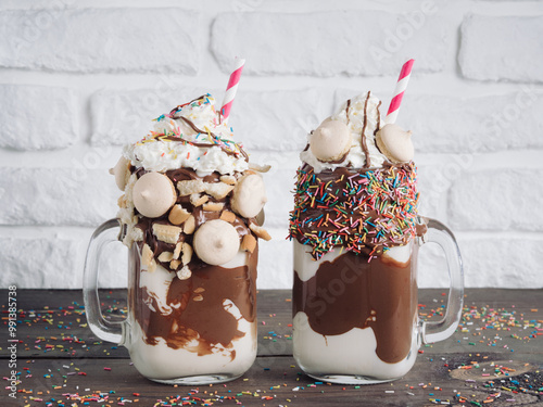 Close up view of two freakshake in mason jar on brown table. Freaked milkshake with chocolate, biscuit cookies and sugar sprinkling. Trendy food concept photo
