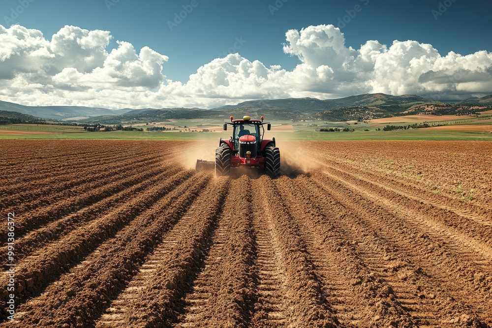 A large tractor plowing a vast field. Generative AI A large tractor plowing a vast field. Generative AI