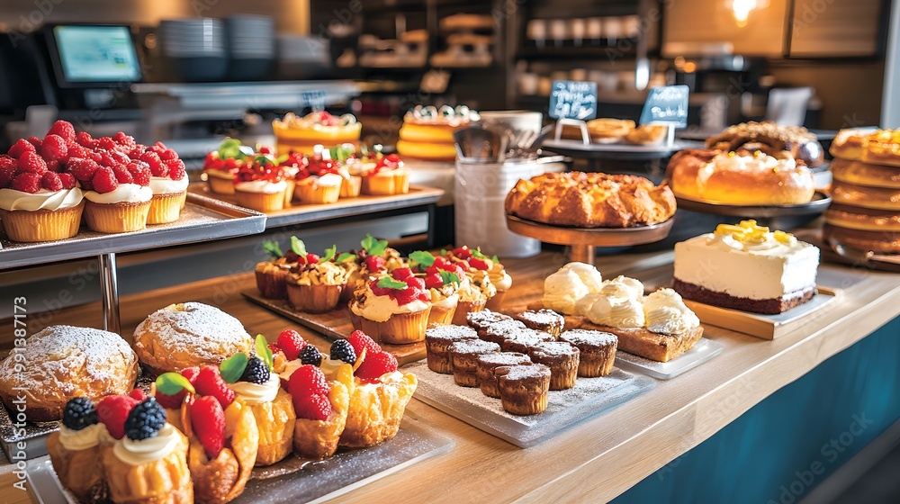 Delicious pastries on display in a bakery. Delicious pastries on display in a bakery.
