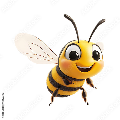 A cartoon bee flies with a big smile isolated on transparent background