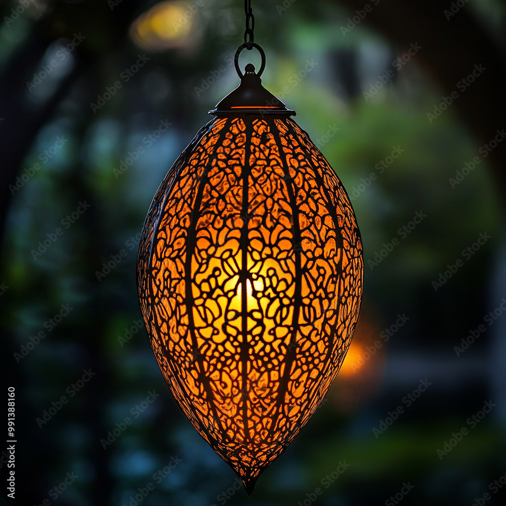 Obraz premium A beautifully crafted Ramadan lantern, illuminated with soft golden light against an elegant dark background. 