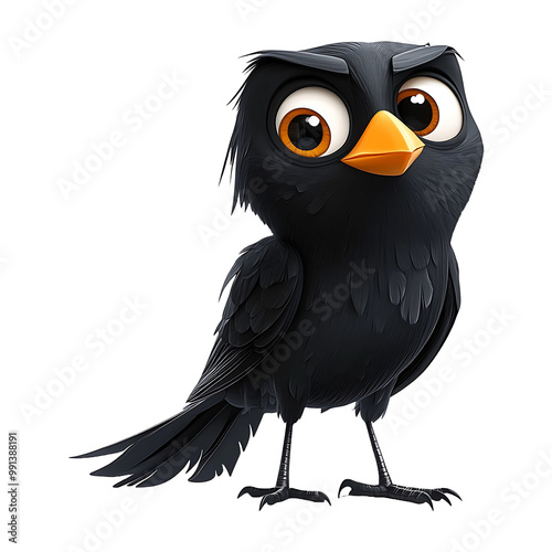 A cartoon black raven bird with large eyes isolated on transparent background