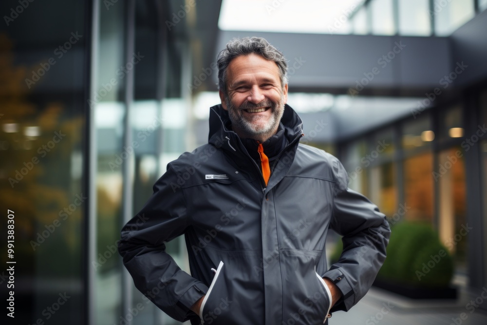 Portrait of a joyful man in his 50s wearing a windproof softshell in sophisticated corporate office background Portrait of a joyful man in his 50s wearing a windproof softshell in sophisticated corporate office background