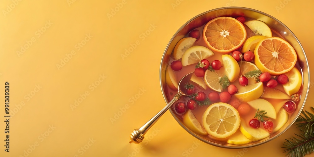 Festive Holiday Punch Bowl with Fruit Slices and Ladle, Ample Copy Space
Festive Holiday Punch Bowl with Fruit Slices and Ladle, Ample Copy Space