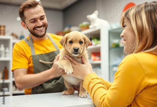 A proud pet shop owner introducing a puppy to a smiling potentia