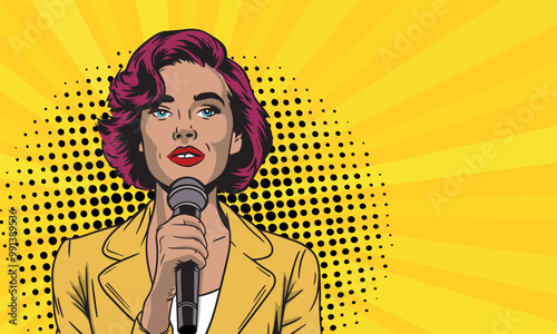 Vector illustration of a woman with a microphone in retro pop art comic style. vector illustration