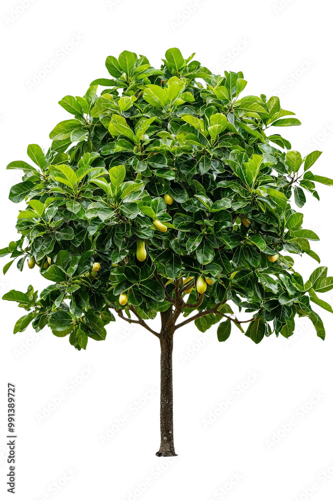 Naklejka premium A cashew tree with green leaves and hanging cashew fruits, isolated on transparent background, PNG file