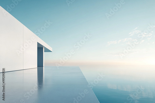 Abstract 3D rendering of minimalist style architectural space scene  mountain and lakeside building