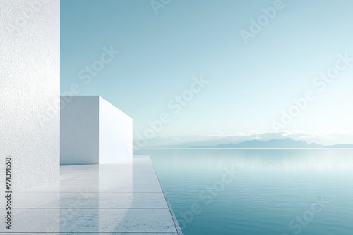 Abstract 3D rendering of minimalist style architectural space scene, mountain and lakeside building