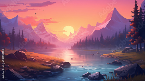 Serene Landscape with Soft Gradients, River, and Mountain Under a Pink Sky