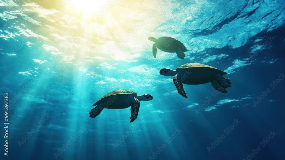 Fototapeta premium A group of sea turtles swimming gracefully through crystalclear ocean waters during their migration