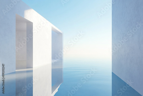 Abstract 3D rendering of minimalist style architectural space scene, mountain and lakeside building