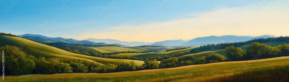 Obraz premium A serene landscape painting of rolling hills fading into the distance