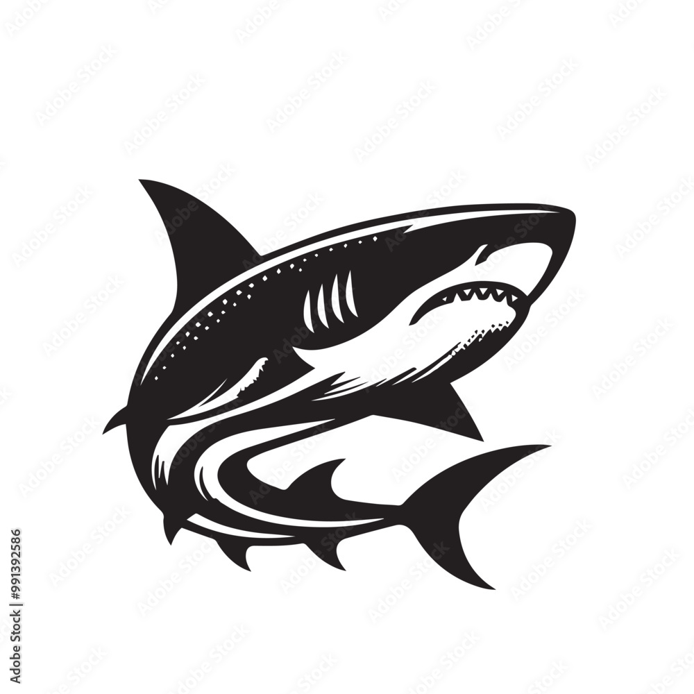 Fototapeta premium Shark silhouette vector design full black and white. Shark logo, icon design. shark black silhouette isolated on white background.