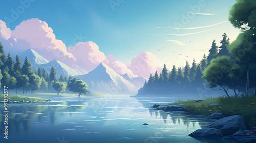 Enchanting Lakeside Scenery, Peaceful Landscape of a Fairytale Lake