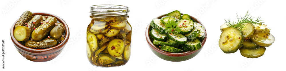 A collection of delicious marinated pickled cucumbers, showcasing crisp, tangy slices in a variety of arrangements, isolated on a transparent background A collection of delicious marinated pickled cucumbers, showcasing crisp, tangy slices in a variety of arrangements, isolated on a transparent background